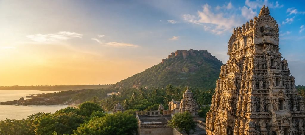 Ancient South Indian temple at sunset